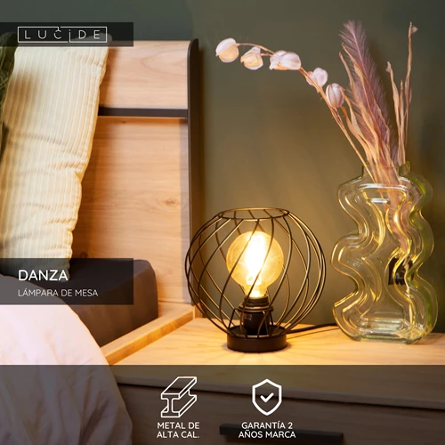 Lucide DANZA - Lámpara de mesa - Ø 25 cm - 1xE27 - Negro - USP